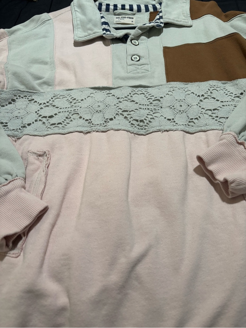 We The Free Colorblock Lace-Trim Rugby Pullover in Pink, Cream & Brown - Picture 4 of 9